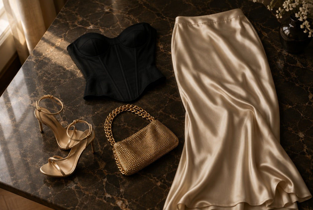 A black corset top, champagne satin maxi skirt, strappy heels and a gold chain bag laid out on a dark marble surface, warm moody light