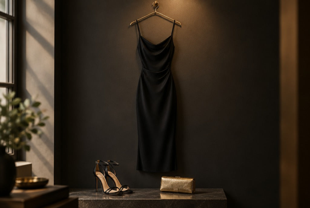 A sleek little black midi dress on a slim hanger against a dark wall with a warm spotlight, strappy heels and a gold clutch below