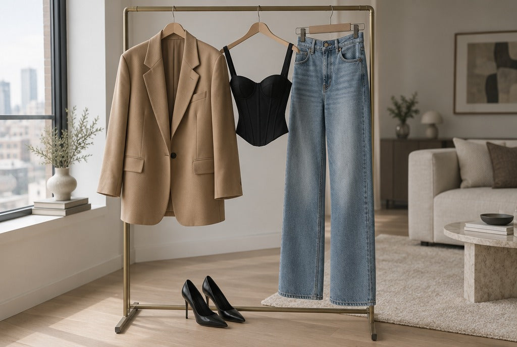An oversized camel blazer on a hanger beside a black corset top, straight jeans and pointed heels in a chic minimal apartment