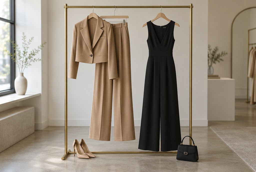 A camel two-piece set and a black wide-leg jumpsuit on a brass clothing rail in a minimal boutique, heels and a small bag on the floor
