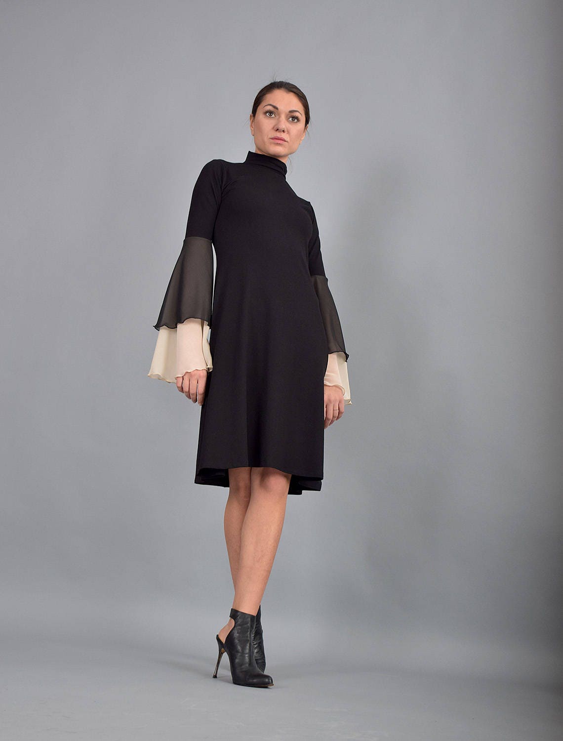 Wilma Black Chiffon A-Line Knee-Length Dress — view 3