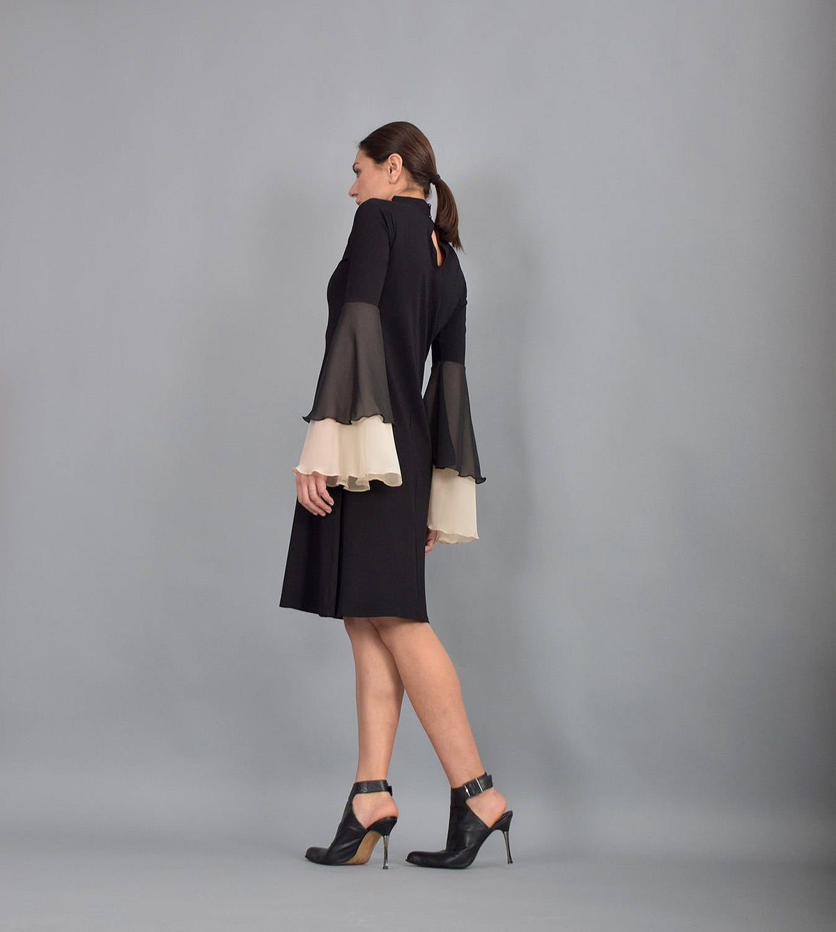 Wilma Black Chiffon A-Line Knee-Length Dress — view 6