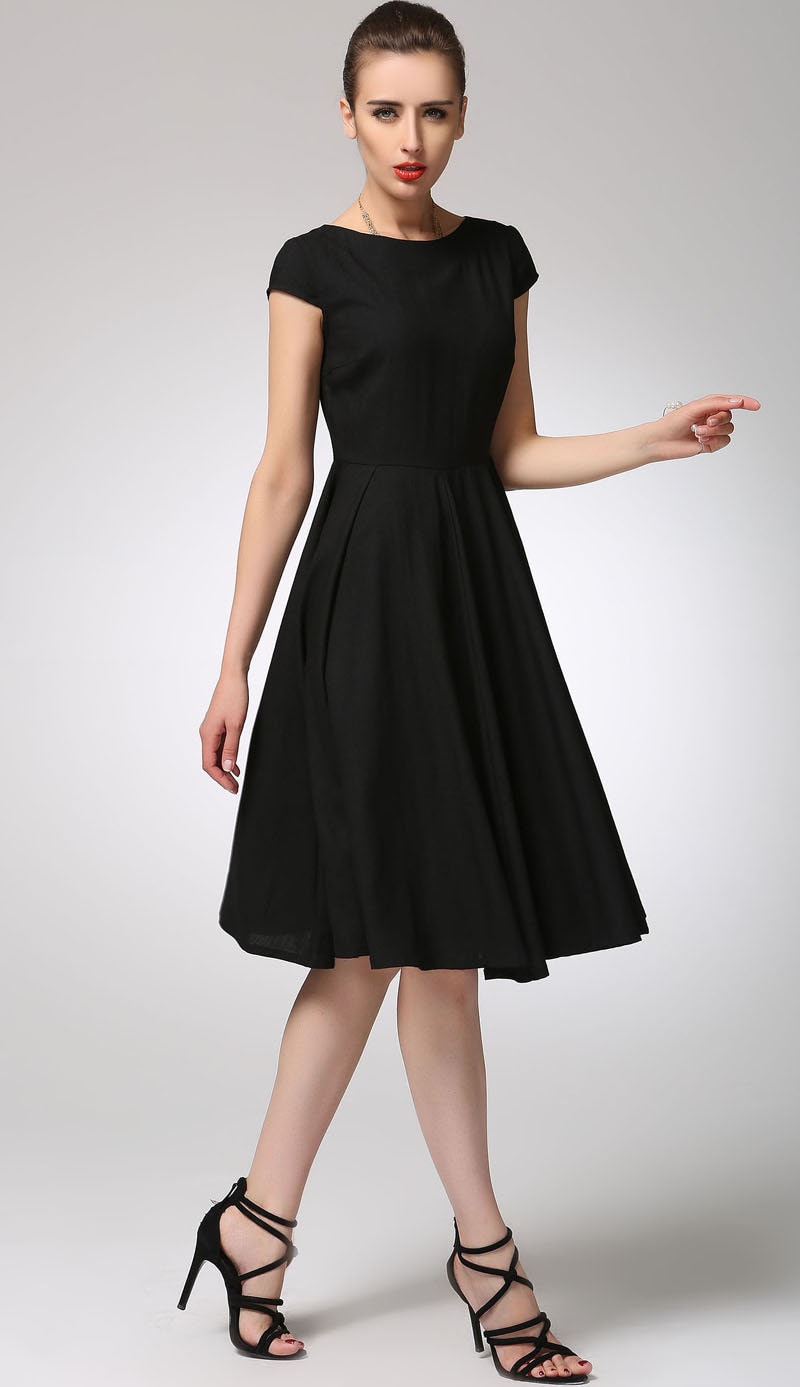 June Black Linen Fit-and-Flare Knee-Length Dress — view 5