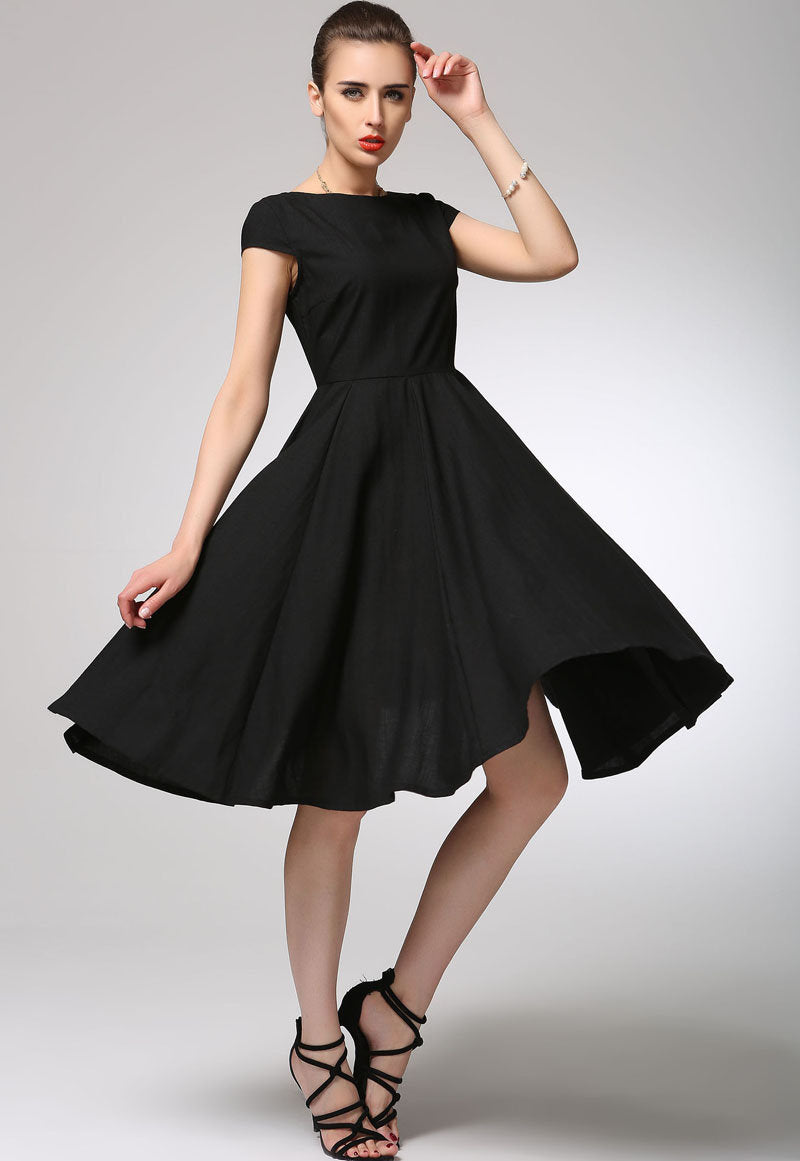 June Black Linen Fit-and-Flare Knee-Length Dress — view 6