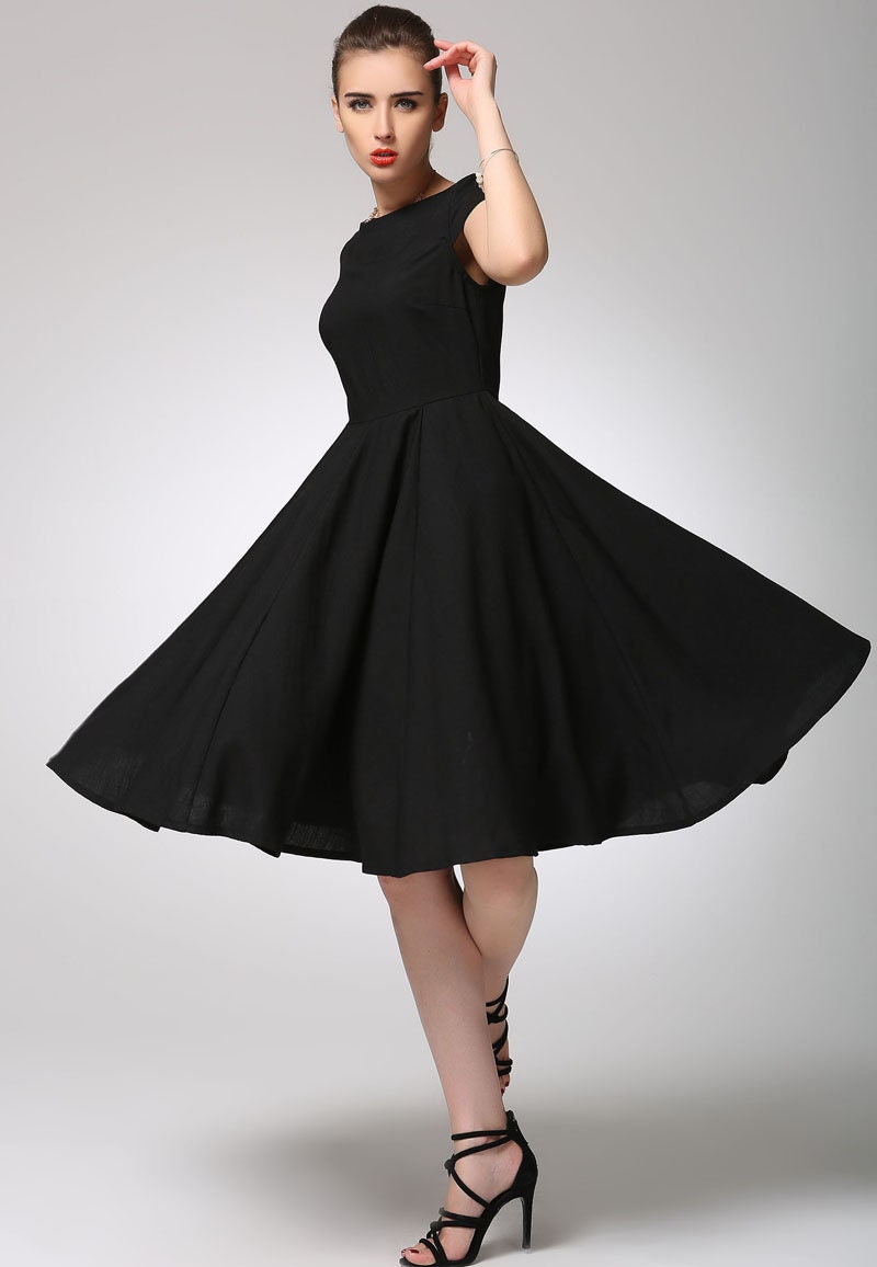 June Black Linen Fit-and-Flare Knee-Length Dress — view 3