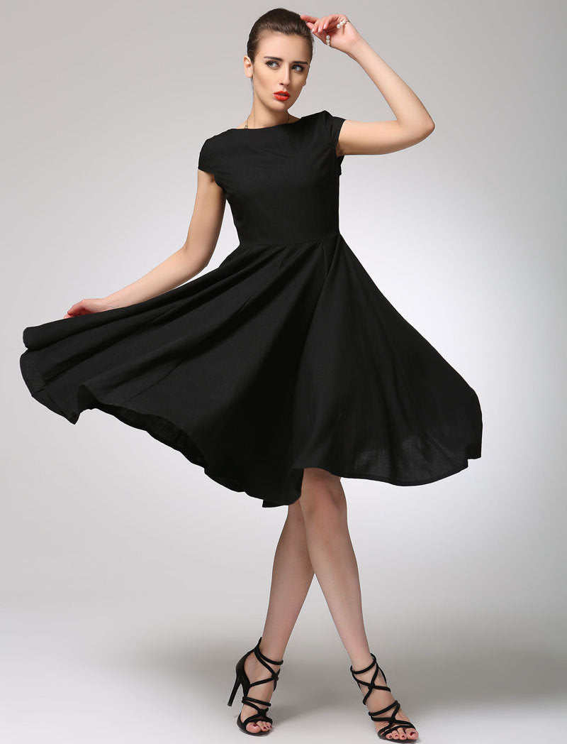 June Black Linen Fit-and-Flare Knee-Length Dress — New York New York