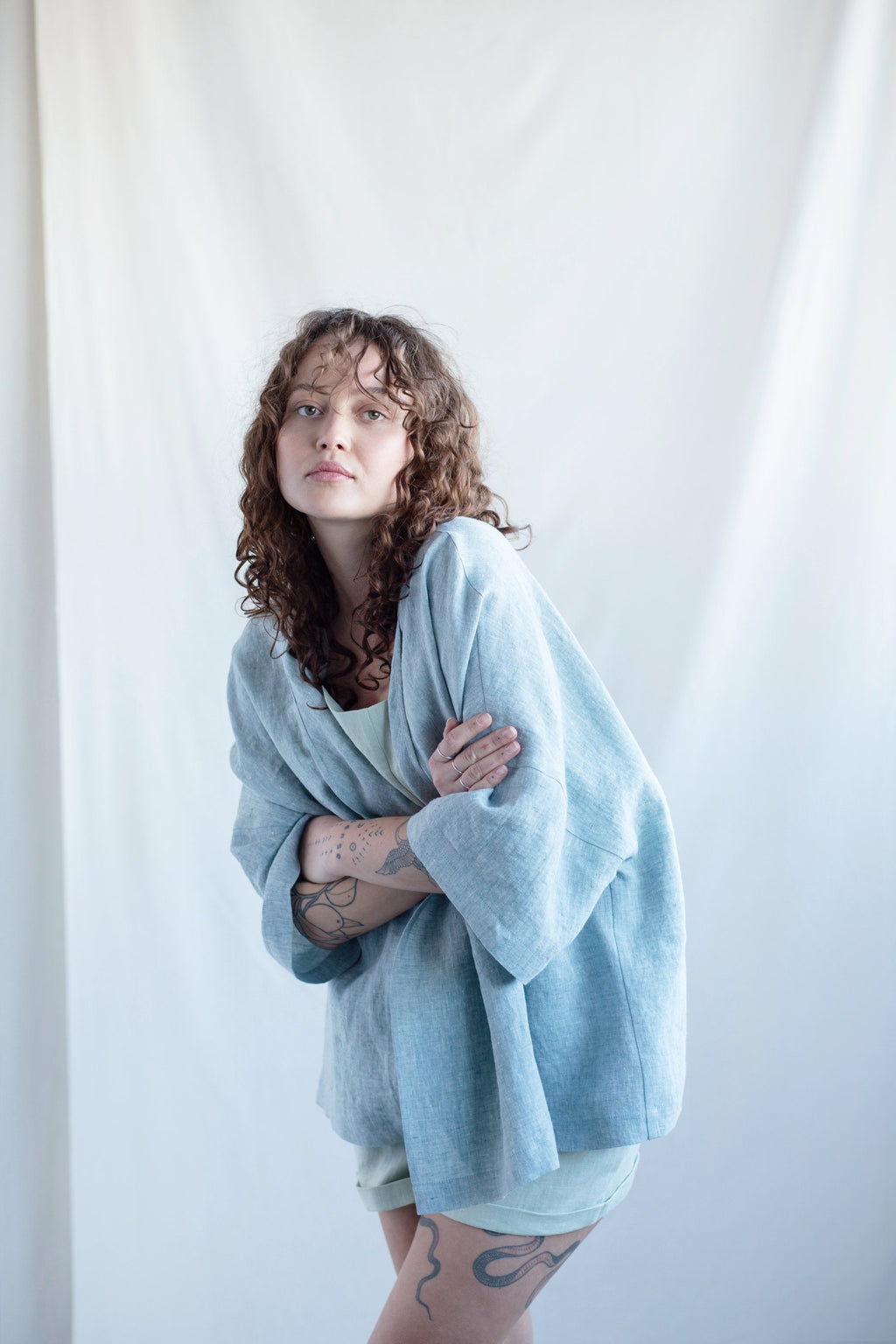 Goldie Light Blue Linen Wrap Blazer — view 5
