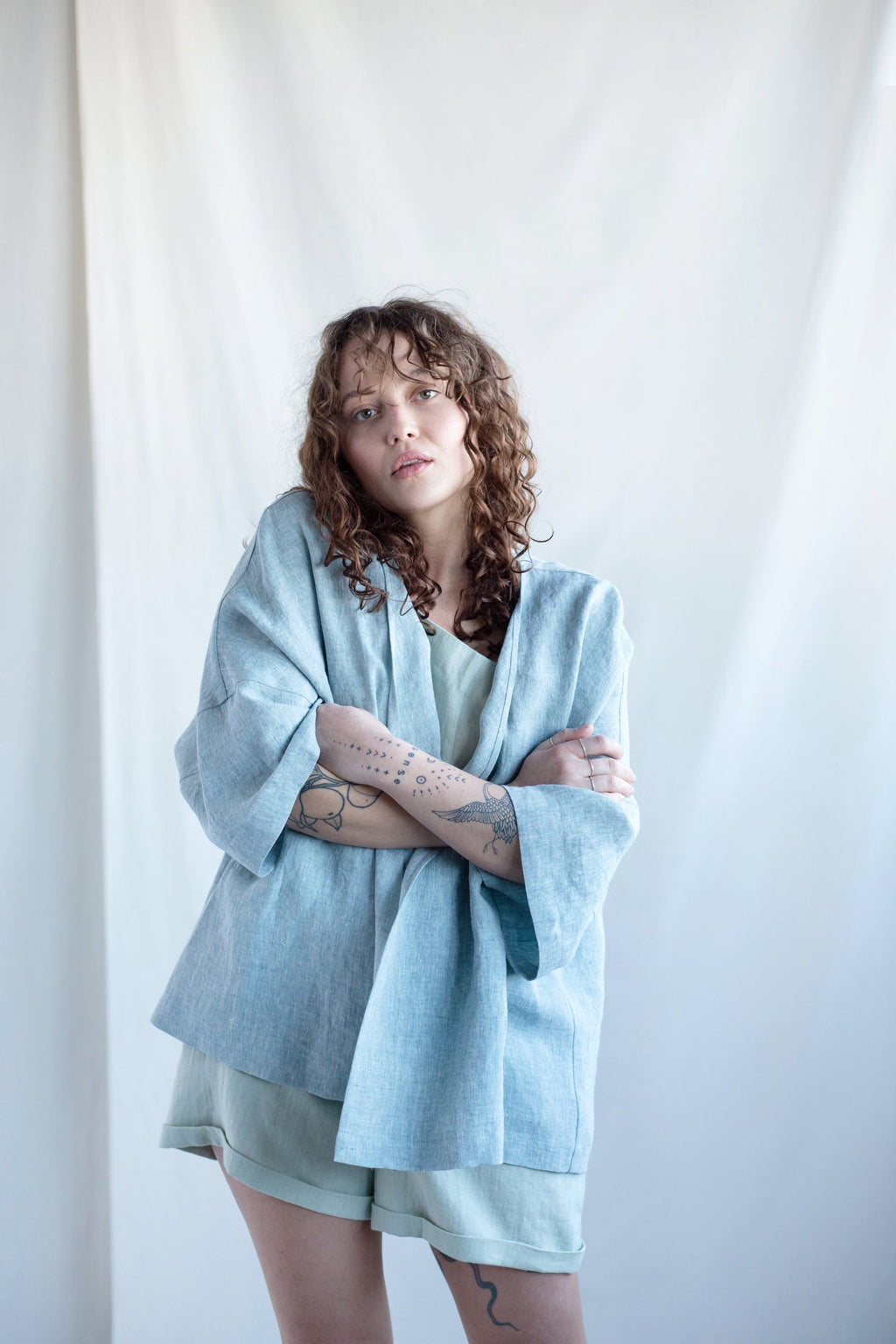 Goldie Light Blue Linen Wrap Blazer — view 4