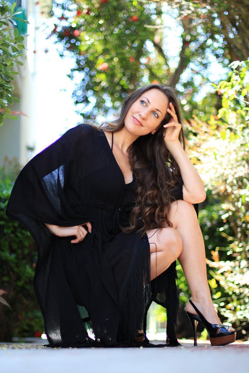 Aria Black Cotton Kaftan Mini Dress — New York New York