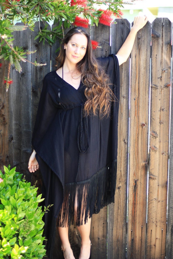 Aria Black Cotton Kaftan Mini Dress — view 3