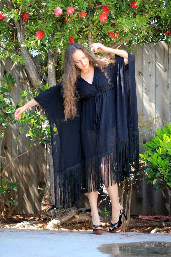 Aria Black Cotton Kaftan Mini Dress — view 2