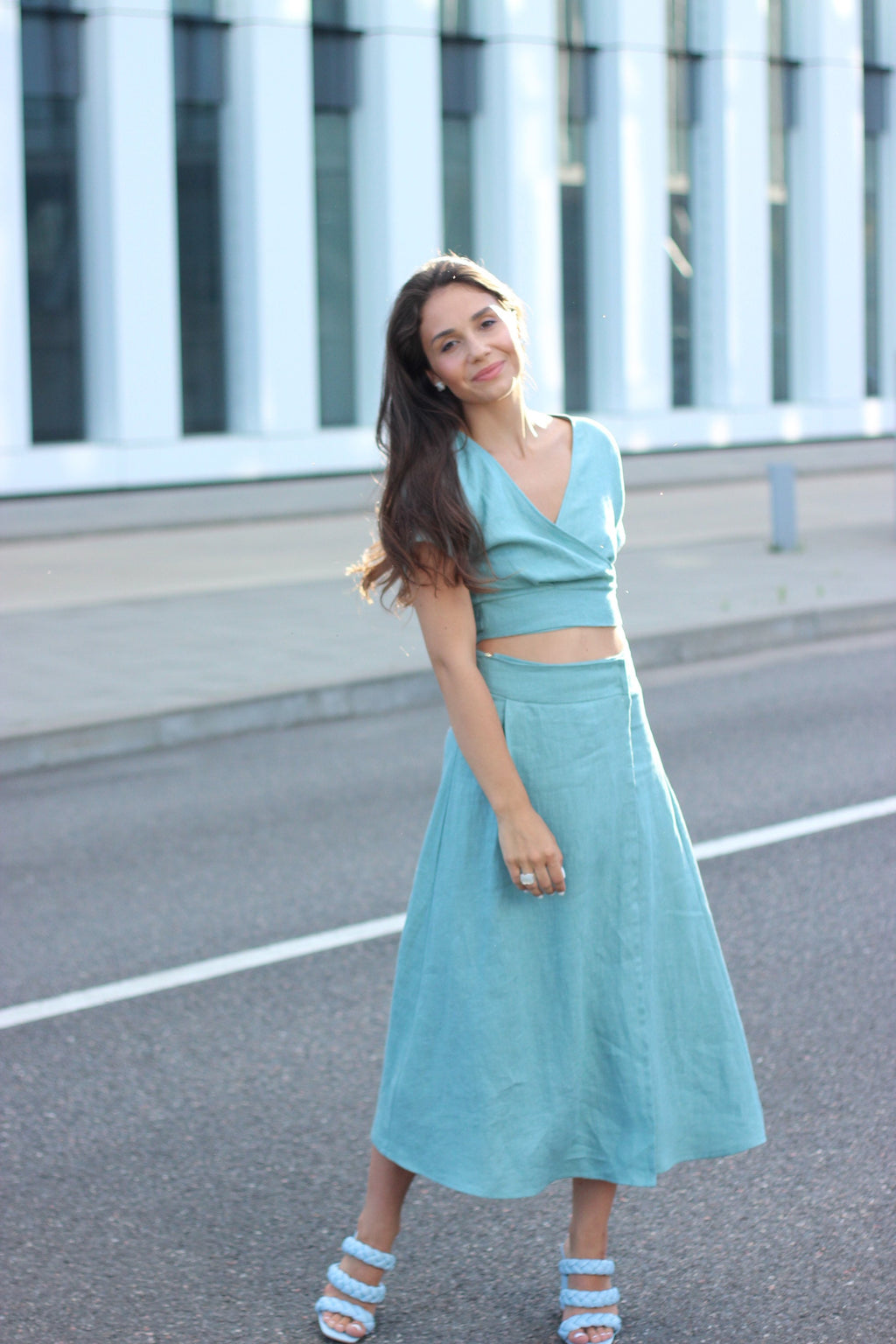 Bea Light Blue Linen Wrap Set — view 3
