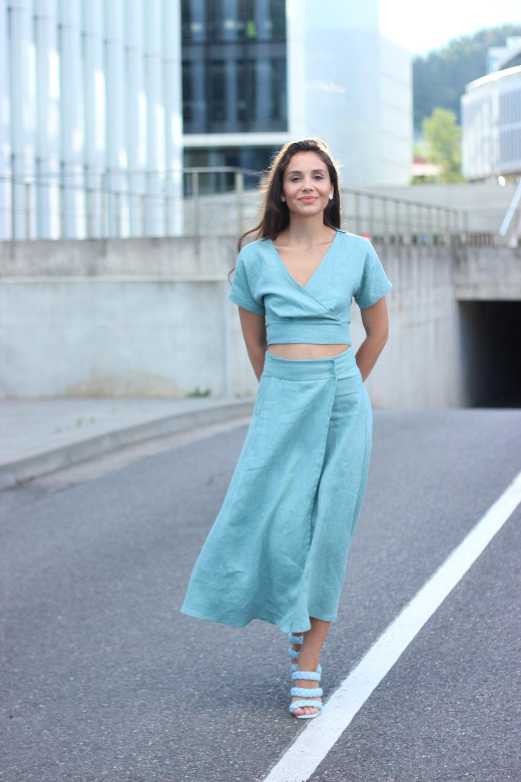 Bea Light Blue Linen Wrap Set — view 2