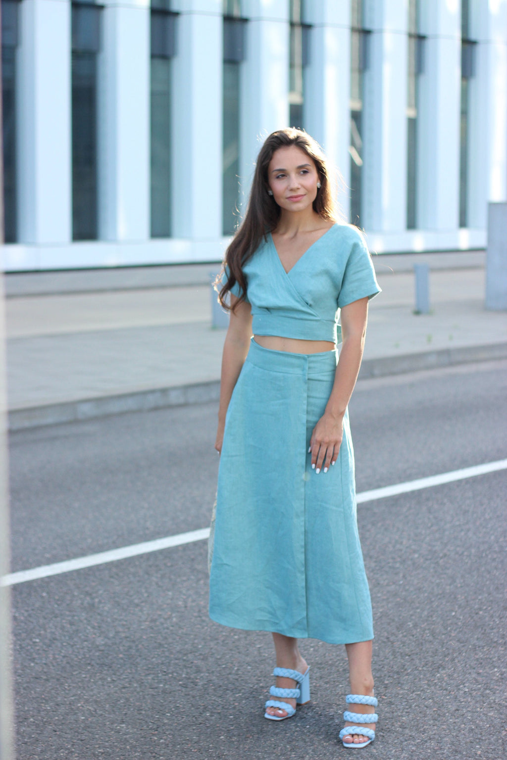 Bea Light Blue Linen Wrap Set — view 5