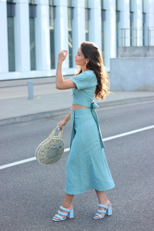 Bea Light Blue Linen Wrap Set — New York New York