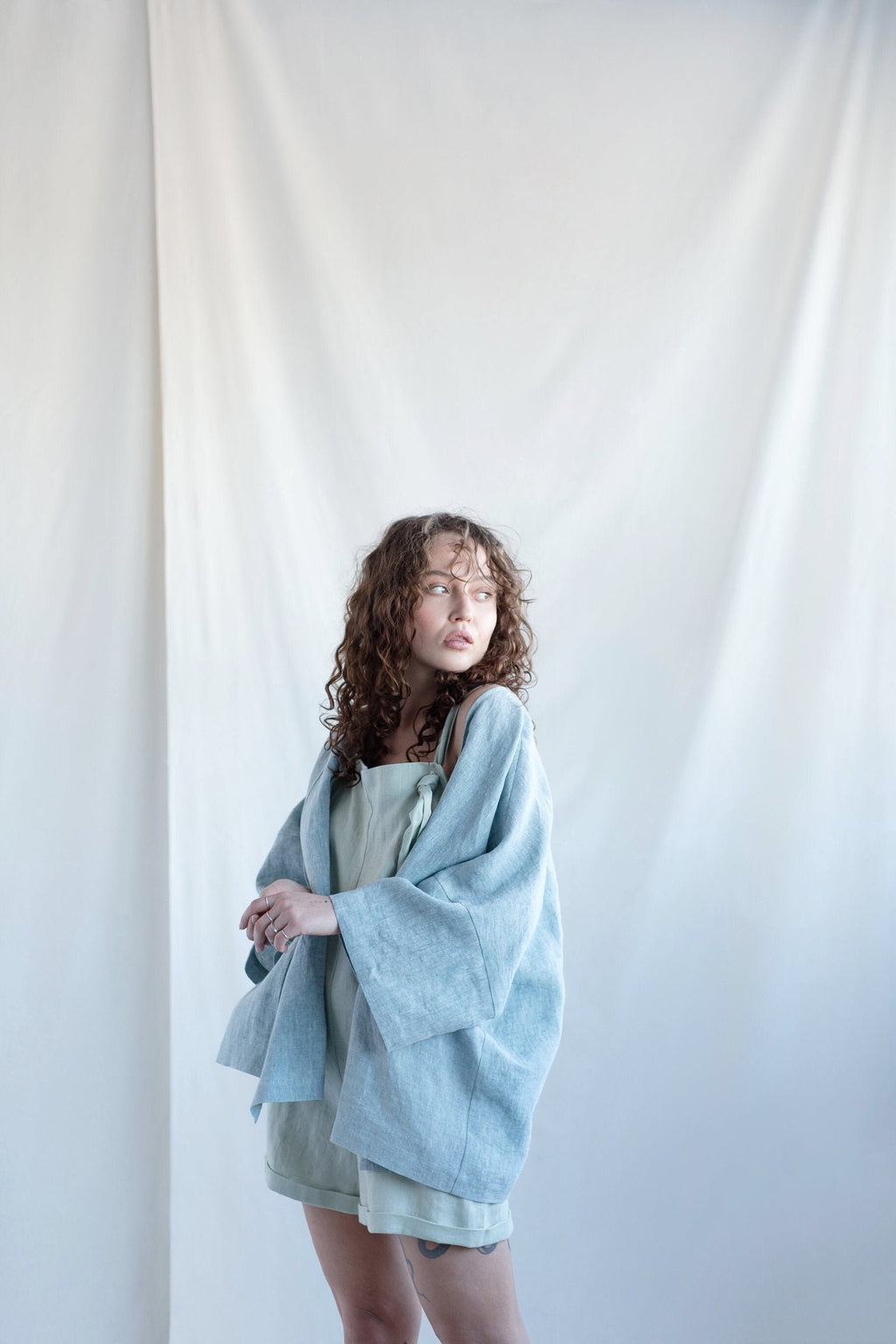 Goldie Light Blue Linen Wrap Blazer — New York New York