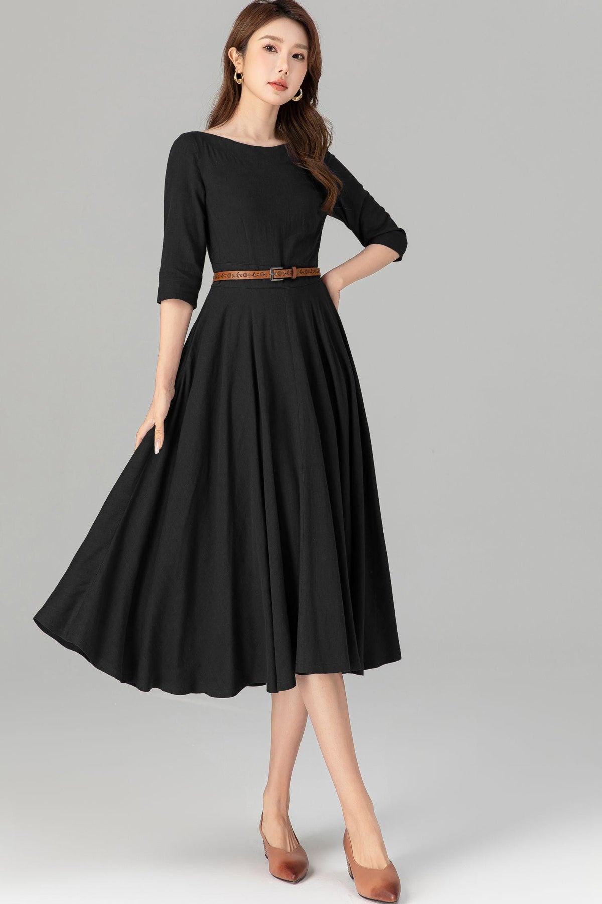 Delia Black Linen Swing Midi Dress — view 2