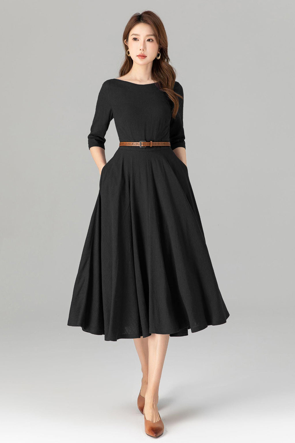 Delia Black Linen Swing Midi Dress — New York New York