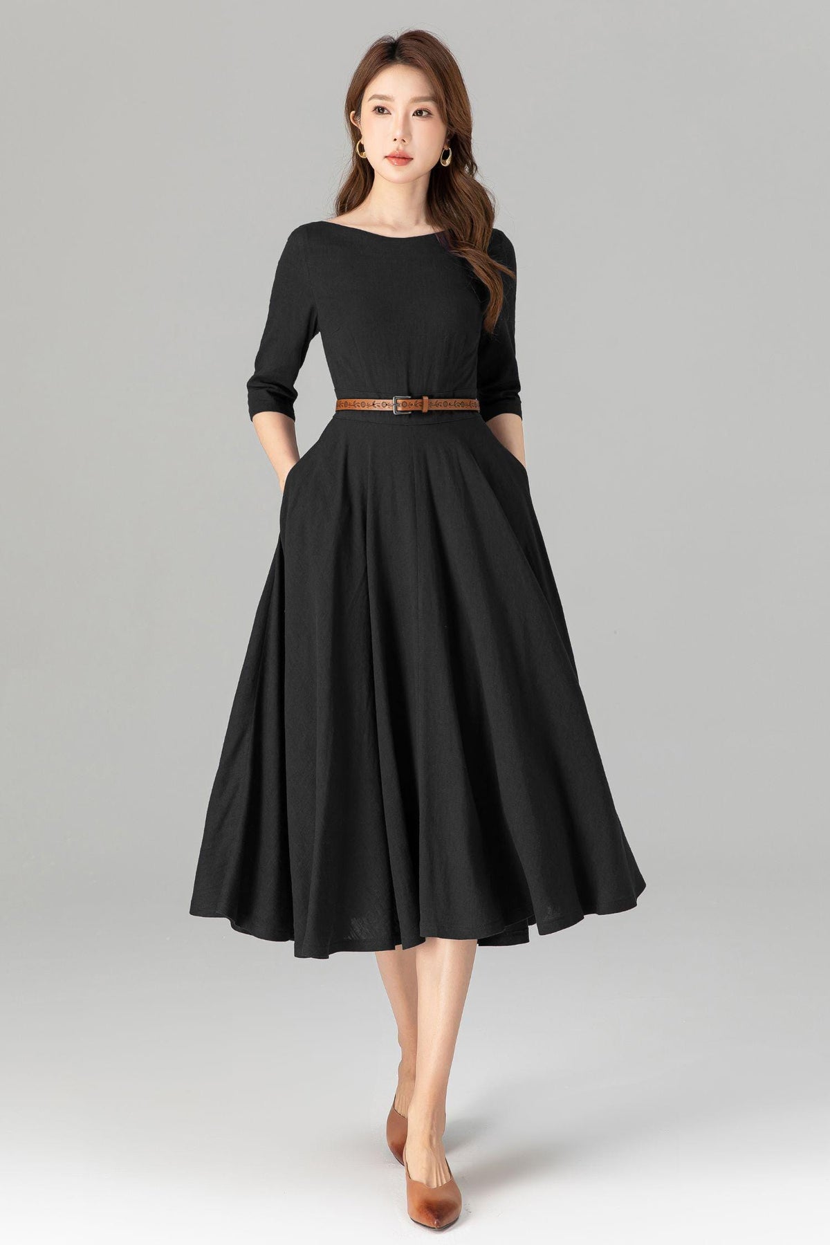 Delia Black Linen Swing Midi Dress — New York New York