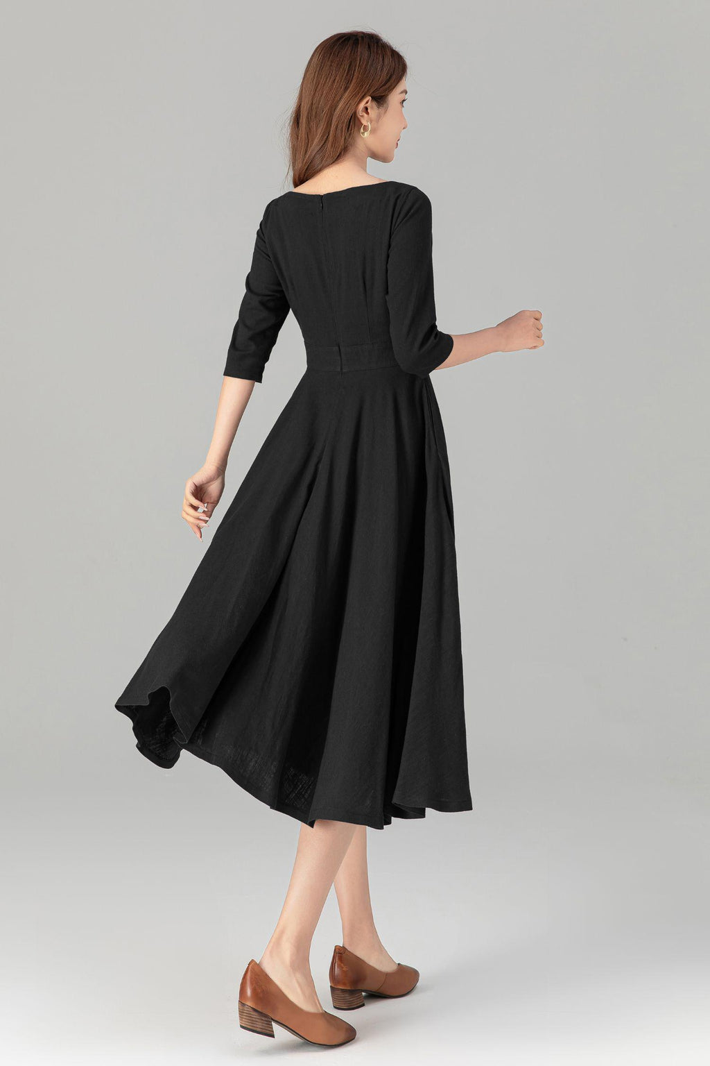 Delia Black Linen Swing Midi Dress — view 5