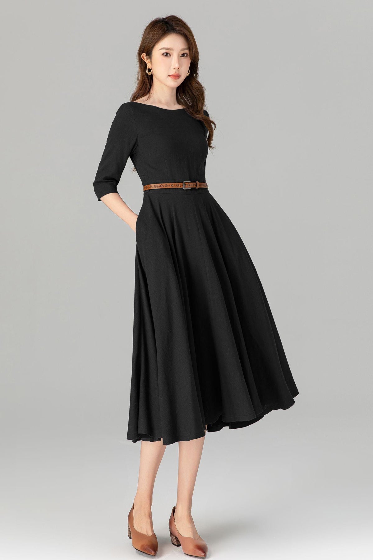 Delia Black Linen Swing Midi Dress — view 3
