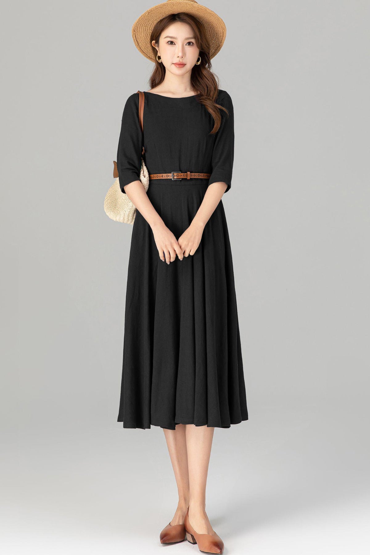 Delia Black Linen Swing Midi Dress — view 4