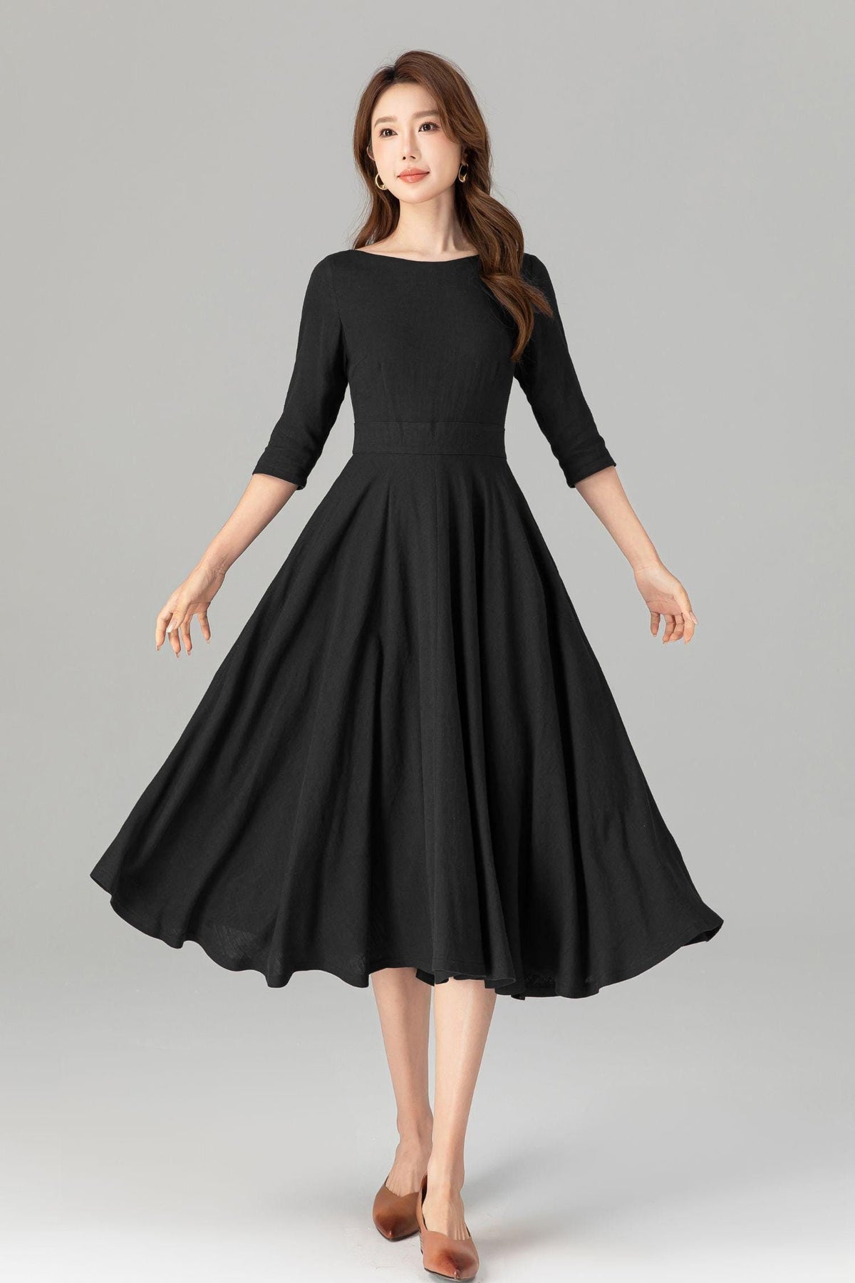 Delia Black Linen Swing Midi Dress — view 6