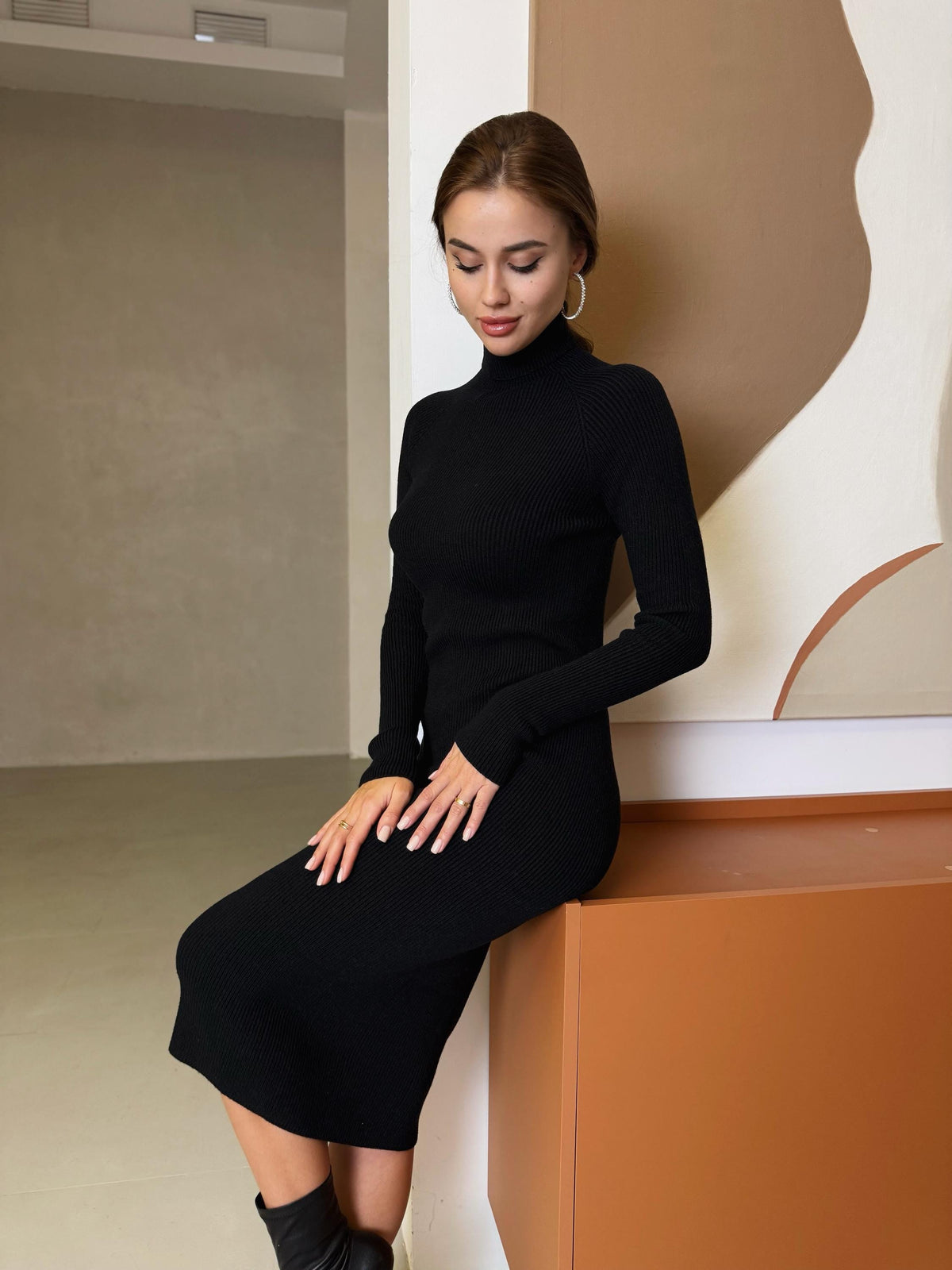 Elsie Black Knit Bodycon Midi Dress — view 4