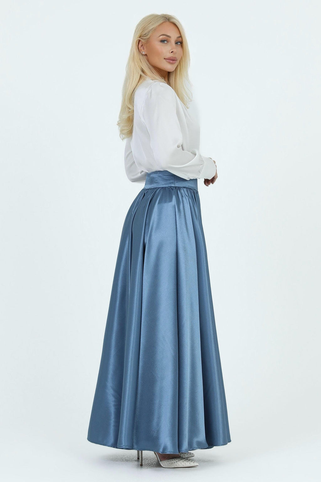 Jade Blue Satin Maxi Skirt — view 4