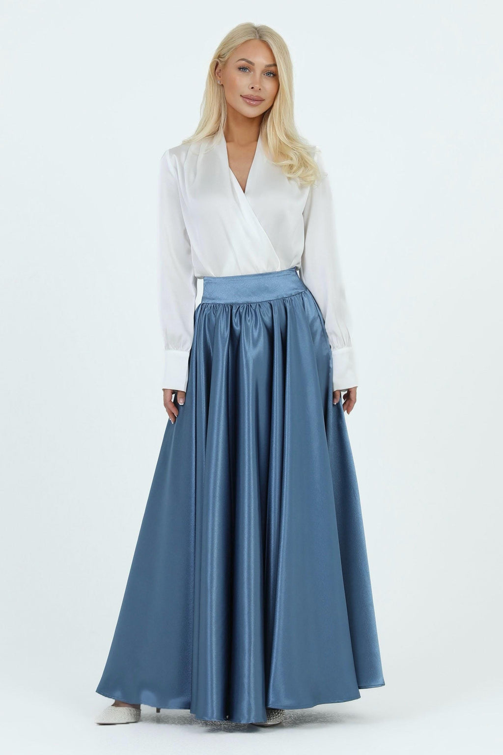 Jade Blue Satin Maxi Skirt — view 3