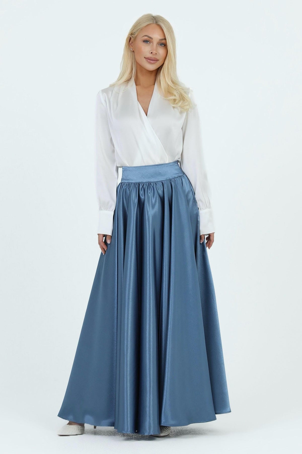 Jade Blue Satin Maxi Skirt — view 3
