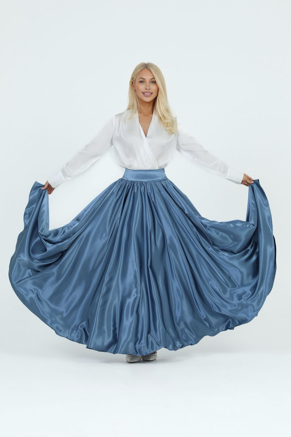 Jade Blue Satin Maxi Skirt — view 2