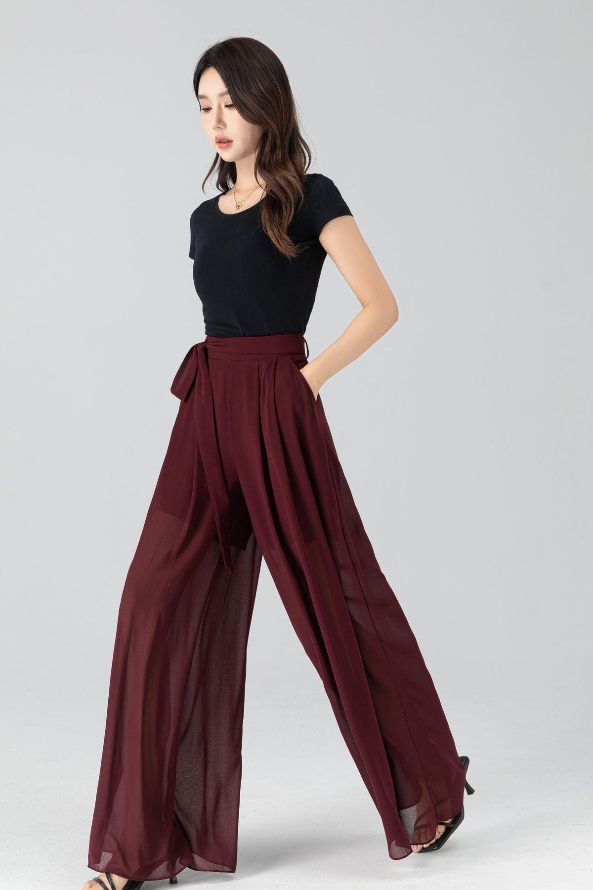 Yvette Burgundy Chiffon Pants — view 4