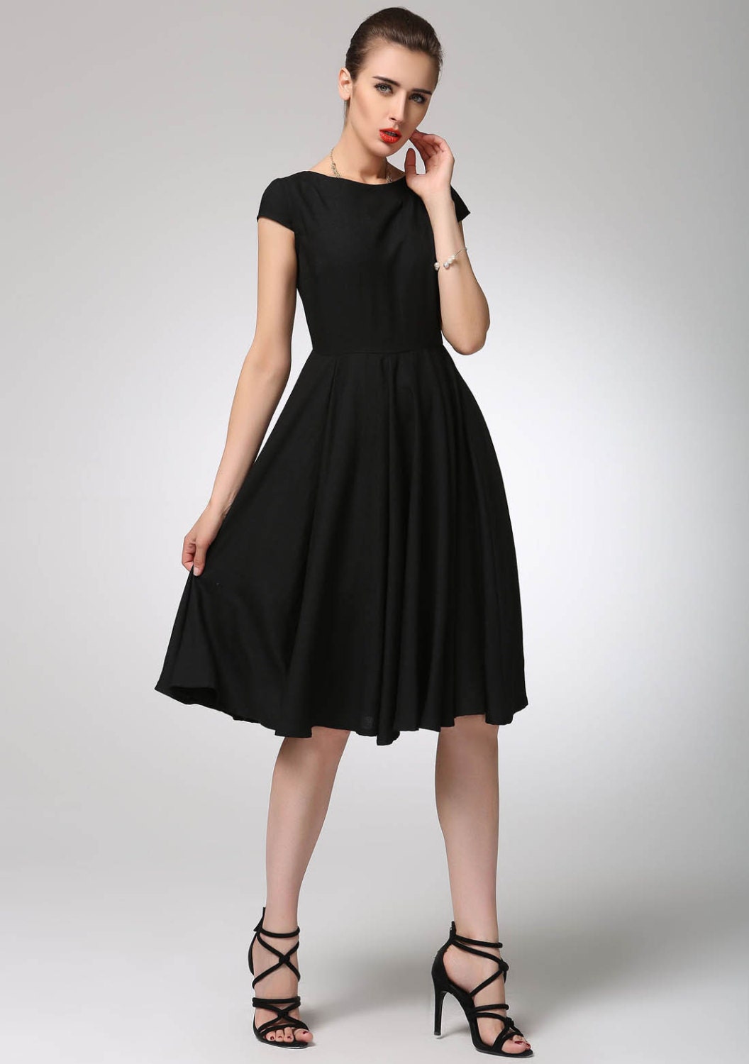 June Black Linen Fit-and-Flare Knee-Length Dress — view 2