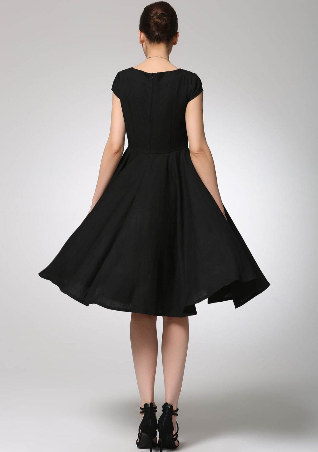 June Black Linen Fit-and-Flare Knee-Length Dress — view 4