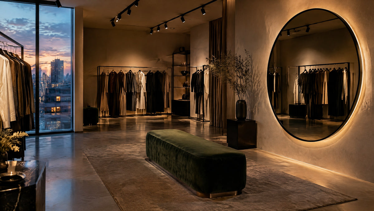 Minimal boutique with black rails and a round mirror